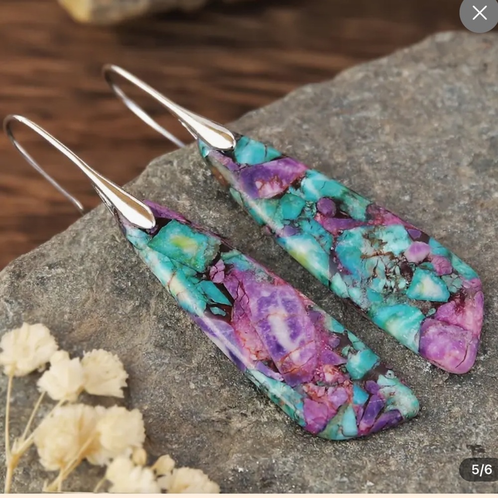 Bohemian Natural Stone Dangle Earrings - Blue and Purple Floral Pattern - Picture 3 of 3